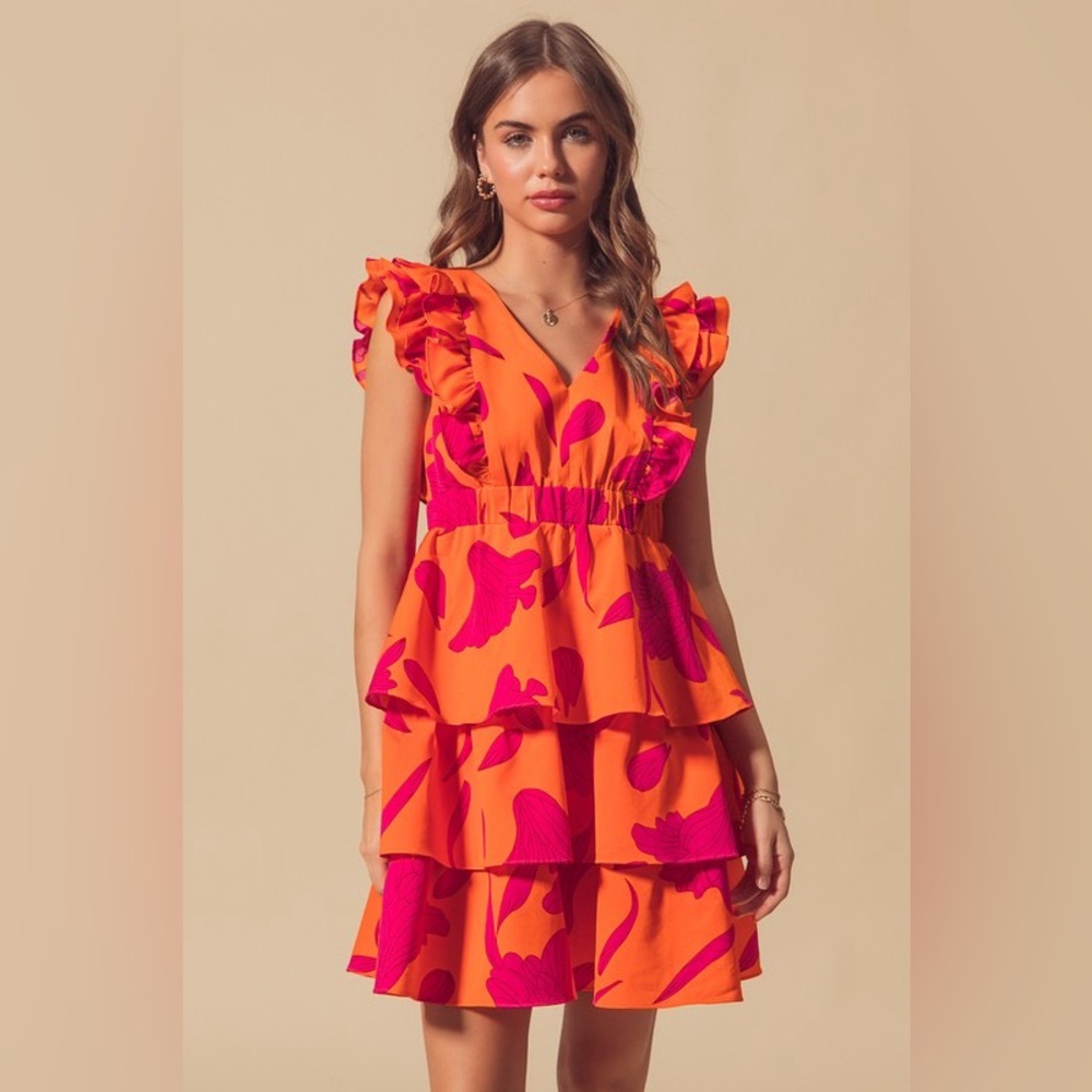 Floral V Neck Layered Dress with Elasticized Waist